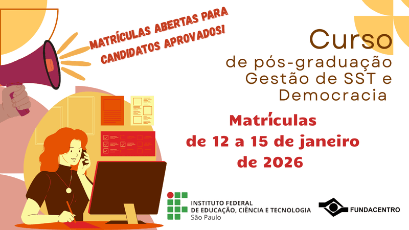 Matrículas para Pós-Graduação em SST e Democracia abrem em 12 de janeiro